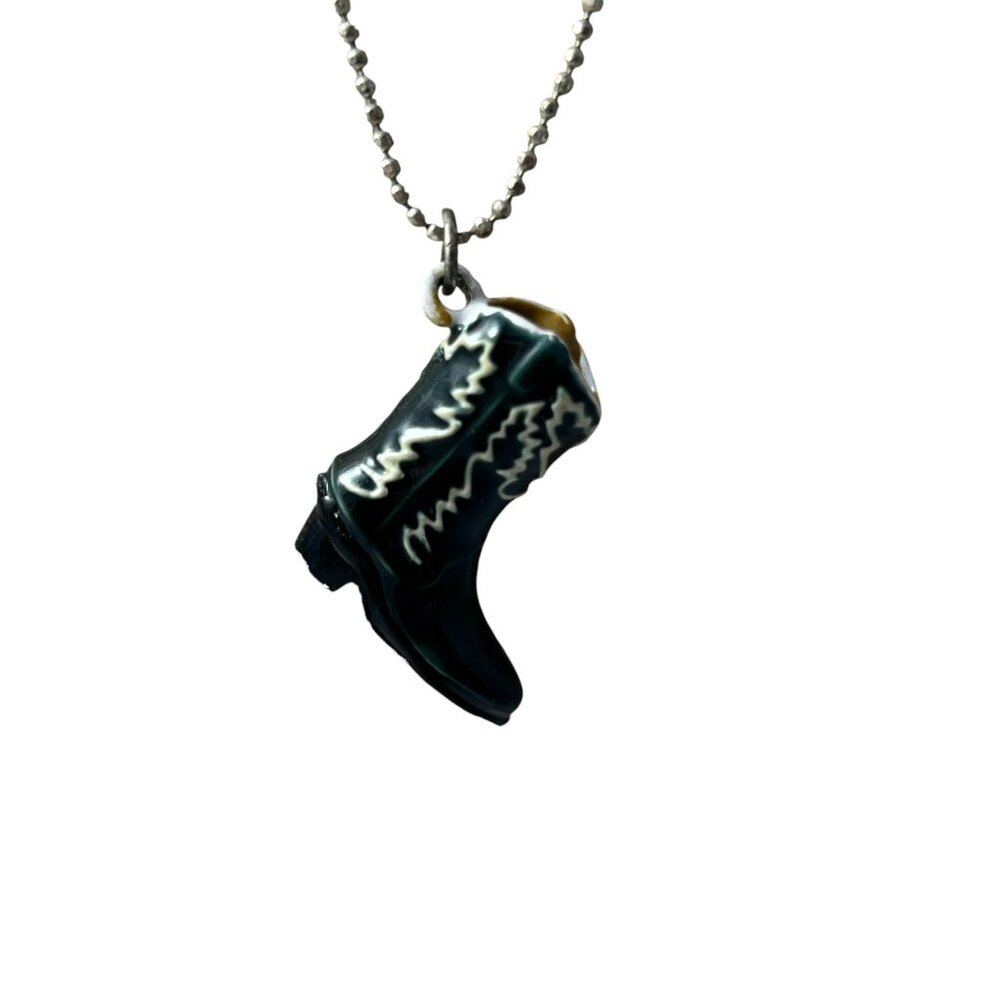 Western Cowboy Boot Pendant Necklace Black Enamel Silver Tone Cowgirl Rodeo